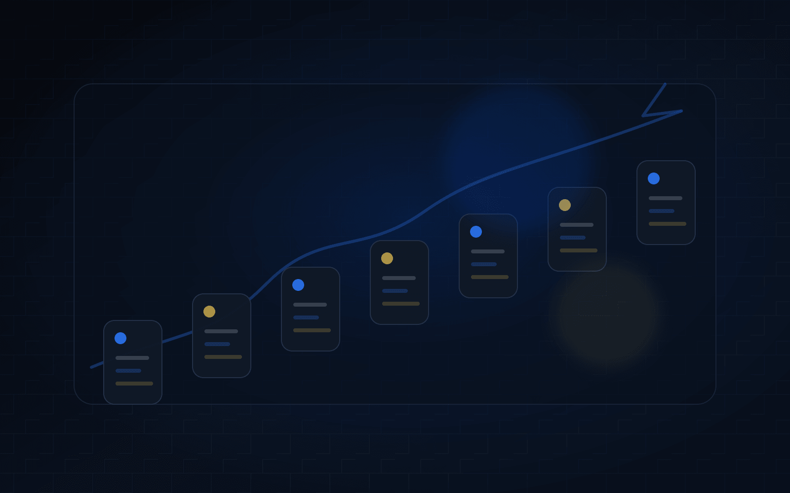 Dark editorial growth dashboard with abstract post cards, connection paths, and blue campaign accents.
